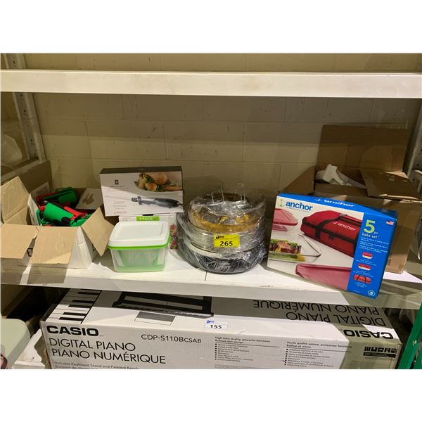 SHELF LOT INCLUDING; NUWAVE INFRARED OVEN, ANCHOR COOKWARE, RUBBERMAID CONTAINERS AND MORE