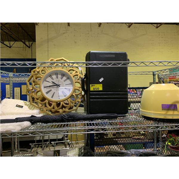 SHELF OF ASSORTED ITEMS INCLUDING; LUGGAGE, WALL CLOCK, FAUX FUR AREA RUG & MORE