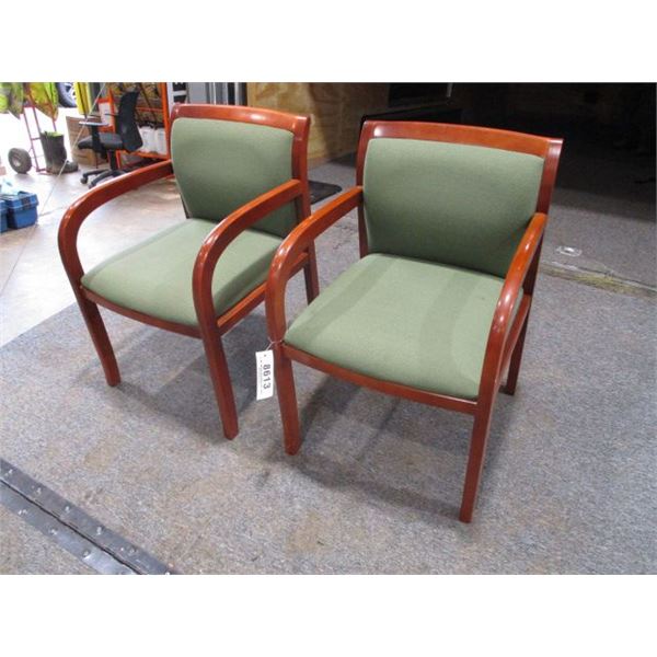 (2) CHERRY WOOD CHAIRS W/ GREEN FABRIC