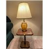 Image 1 : Vintage Blown Glass Lamp (Tested And Works) 26T And Vintage Wooden Accent Table 14L x 14W x 17T
