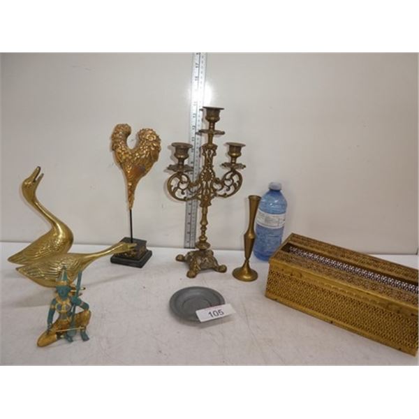 Brass candelabra, Vintage tissue box, gold goose