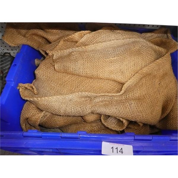 Plastic tote bins, burlap bags