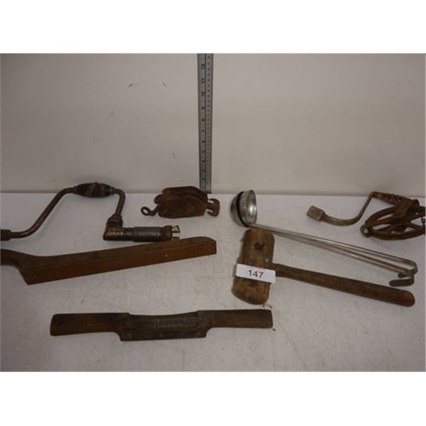 Vintage crank drill, laddles, wood mallet,
