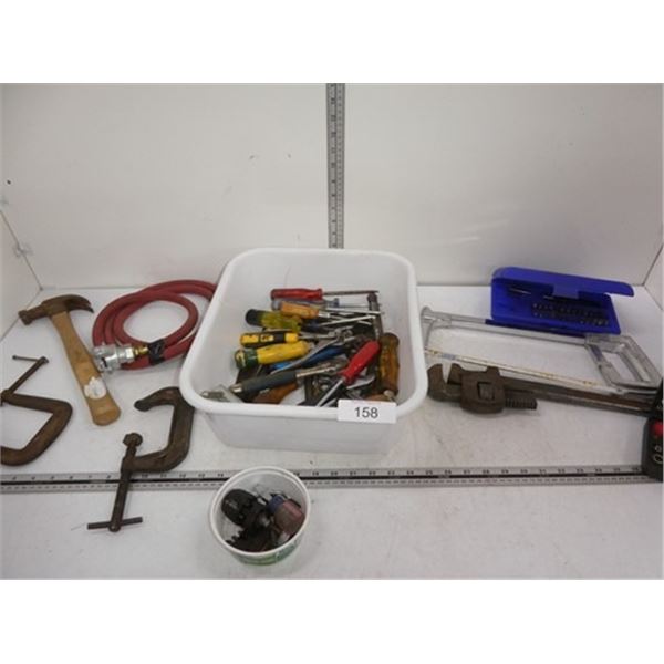 Screw drivers, pipe wrench, hacksaw, c-clamps,