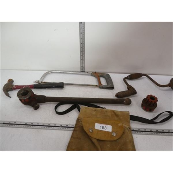 Pipe threader tool, hacksaw, crank drill, claw