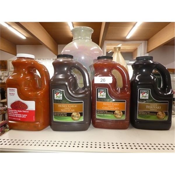 4x 37L jugs: 1 honey garlic sauce, 1 salsa, 1