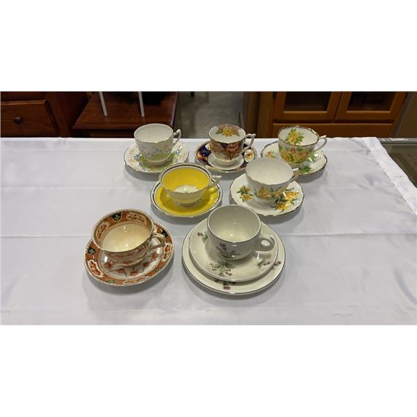 7 ASSORTED TEA CUPS  AND SAUCERS - ROSLYN, ROYAL VALE, MADDOX, PARAGON, ROYAL ALBERT, ETC