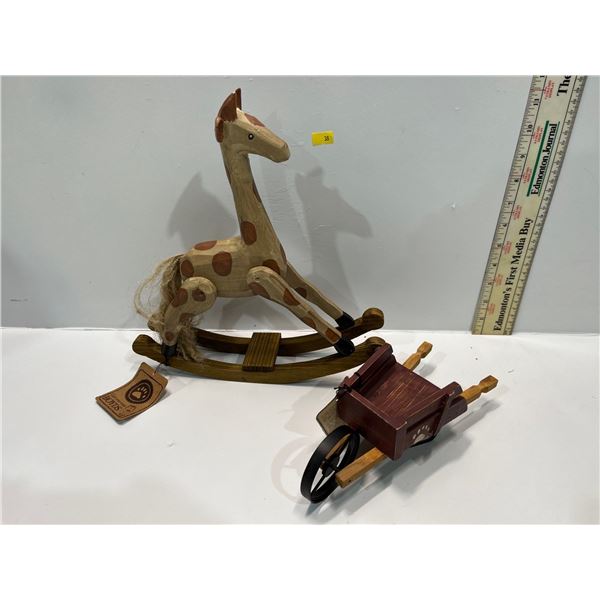 Assorted Collection of Boyd's Wooden Toys, Rocking Giraffe and Wheel Barrow Largest is 13H