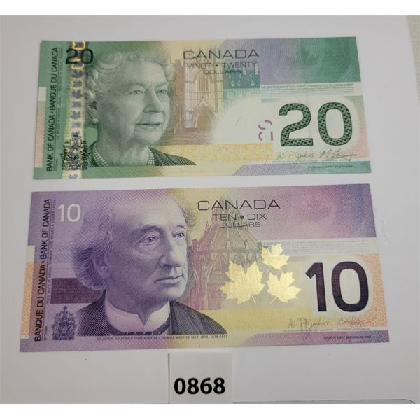 LOT OF 2 - 2001 & 2004 CDN UNCIRCULATED $10 & $20 BANKNOTES