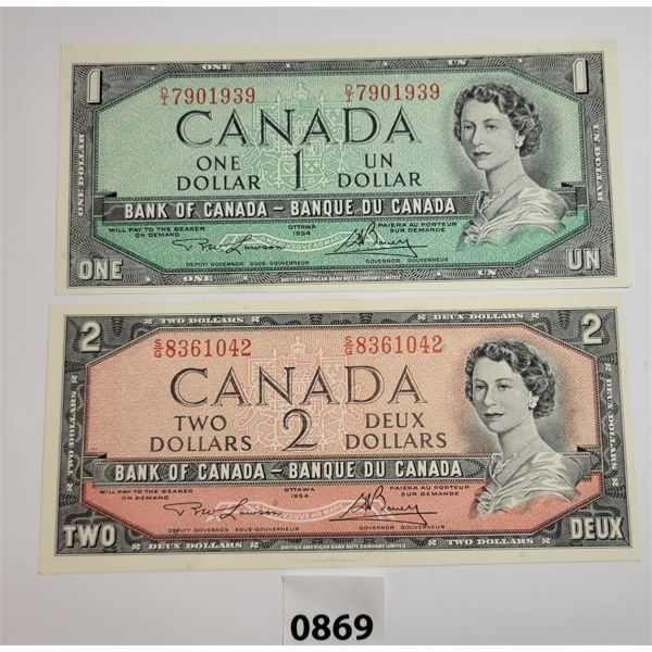 LOT OF 2 - 1954 CDN UNCIRCULATED $1 & $2 BANKNOTES