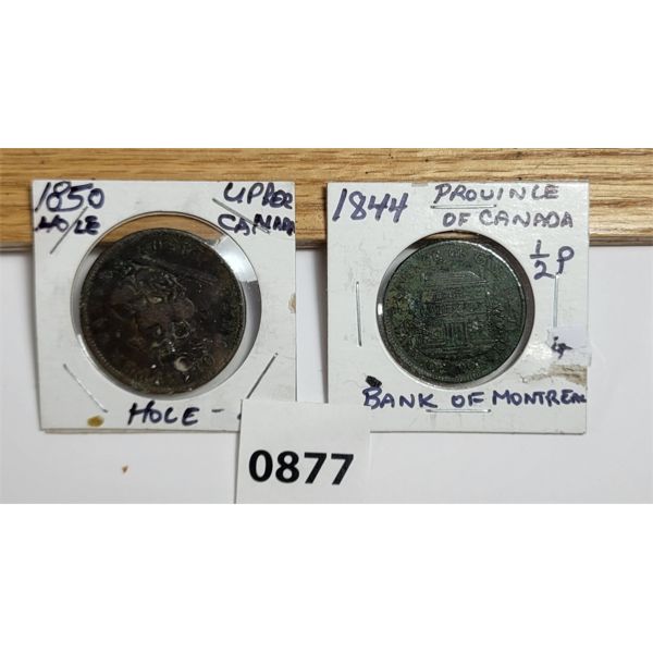 LOT OF 2 - 1844 PROVINCE OF CANADA HALF PENNY & 1850 BANK OF UPPER CANADA PENNY