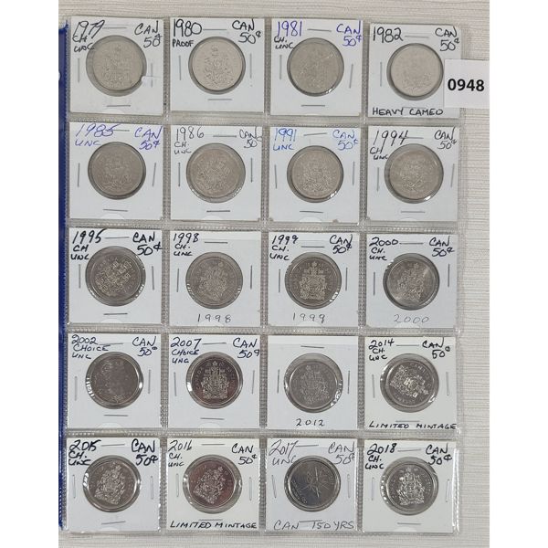 LOT OF 20 - CDN UNCIRCULATED 50 CENT PCS - INCL 1979, 1980 & 1981, ETC.