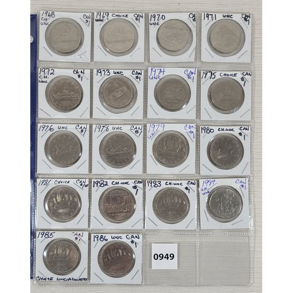 LOT OF 18 - CDN UNCIRCULATED $1 PCS - INCL 1968, 1969 & 1970, ETC.