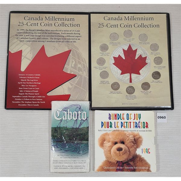 LOT OF 3 - 1999 CDN MILLENIUM SET, 1997 CABOTO 10 CENT PC & 1995 BUNDLE OF JOY COIN SET