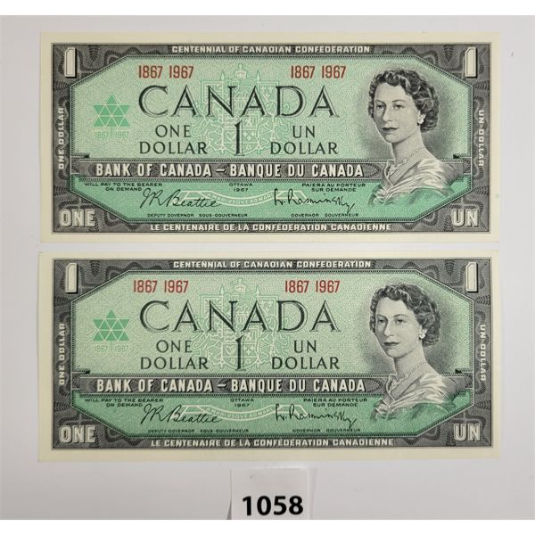 LOT OF 2 - 1967 CDN $1 BANKNOTES - NO SERIAL NUMBERS