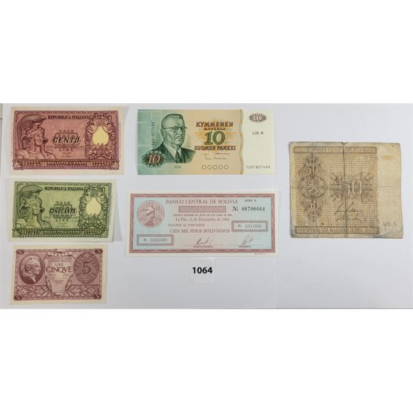 LOT OF 6 - WORLD BANKNOTES - INCL ITALY,  BOLIVIA & FINLAND