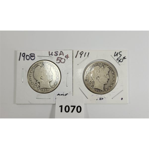 LOT OF 2 - 1908 & 1911 U.S. 50 CENT SILVER PCS