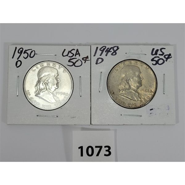 LOT OF 2 - 1948-D & 1950-D U.S. FRANKLIN 50 CENT SILVER PCS