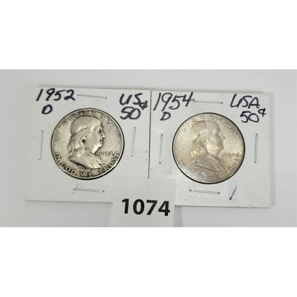 LOT OF 2 - 1952-D & 1954-D U.S. FRANKLIN 50 CENT SILVER PCS