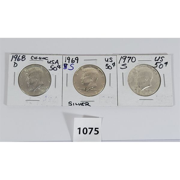 LOT OF 3 - 1968-1970 U.S. 50 CENT KENNEDY PCS