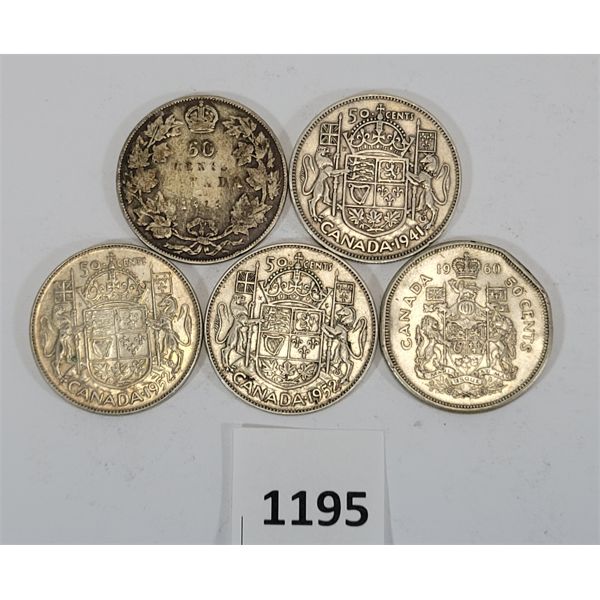 LOT OF 5 - 1916, 1941, 1952 & 1960 CDN SILVER 50 CENT PCS
