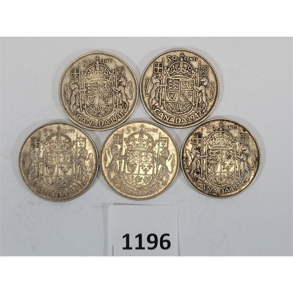 LOT OF 5 - 1941, 1942, 1950, 1951 & 1952 CDN SILVER 50 CENT PCS