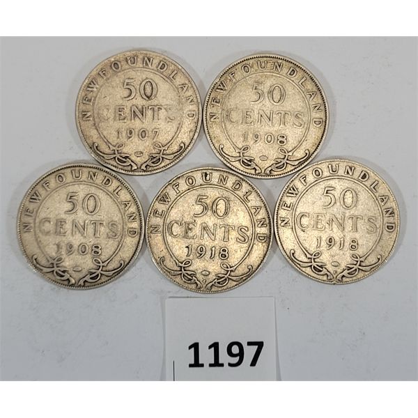 LOT OF 5 - 1907, 1908 & 1918 CDN SILVER 50 CENT PCS
