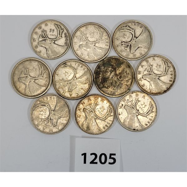 LOT OF 10 - 1943-1959 CDN SILVER  25 CENT PCS
