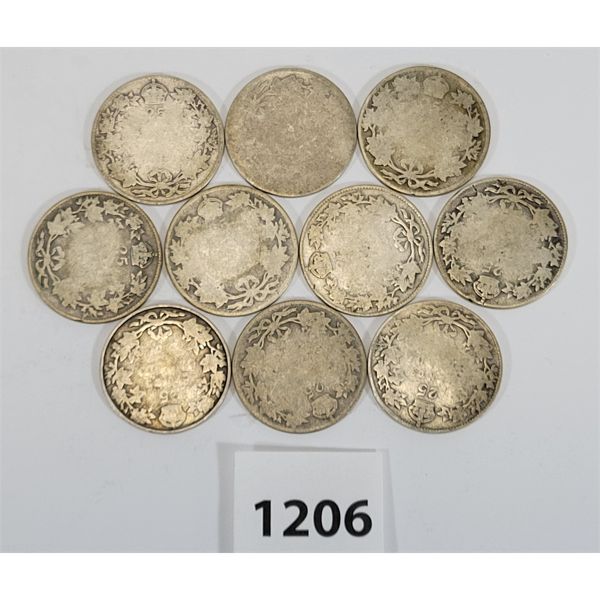 LOT OF 10 - 1902-1936 CDN SILVER  25 CENT PCS