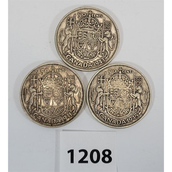 LOT OF 3 - 1941, 1943 & 1945 CDN SILVER 50 CENT PCS