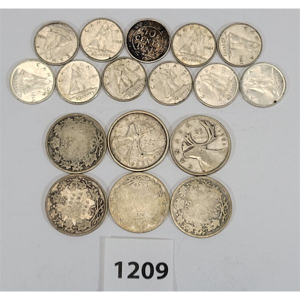 LOT OF 17 - 1936-1960 CDN SILVER 25 CENT PCS W/ 1944 & 1968 CDN 10 CENT PCS