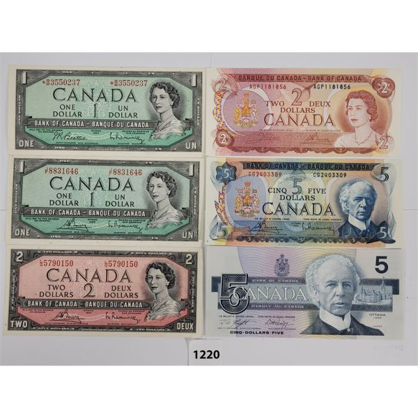 LOT OF 6 - 1954, 1972, 1974 & 1986 CDN $1, $2 & $5 BANKNOTES 