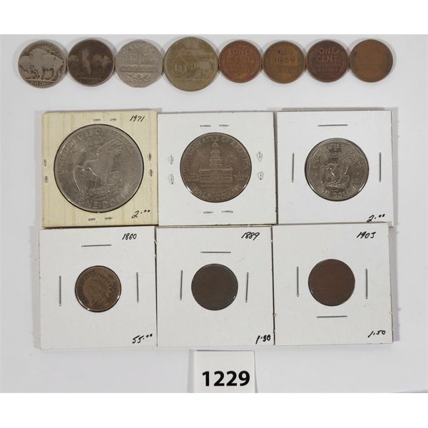 LOT OF 10 - AMERICAN COINS INCL. 1971 $1 COIN, 1936 BUFFALO NICKEL & LINCOLN HEAD 1 CENT COINS