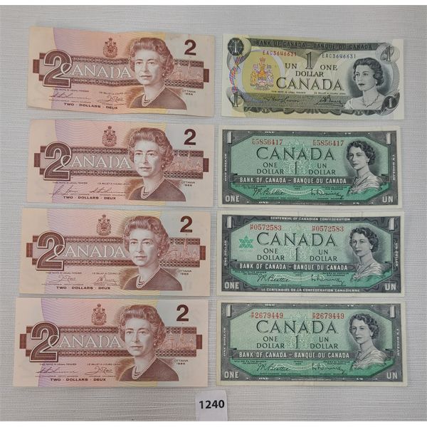 LOT OF 8 - CDN $1 & $2 BANKNOTES - INCL 1954 & 1973, ETC. 