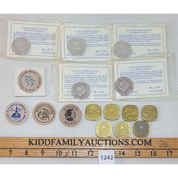 LOT OF 15 - MISC MEDALLIONS & WOODEN NICKELS - INCL QUEEN ELIZABETH JUBILEE & OLYMPICS 