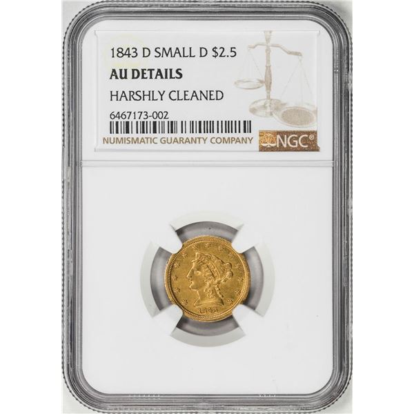 1843-D Small D $2 1/2 Liberty Head Quarter Eagle Gold Coin NGC AU Details