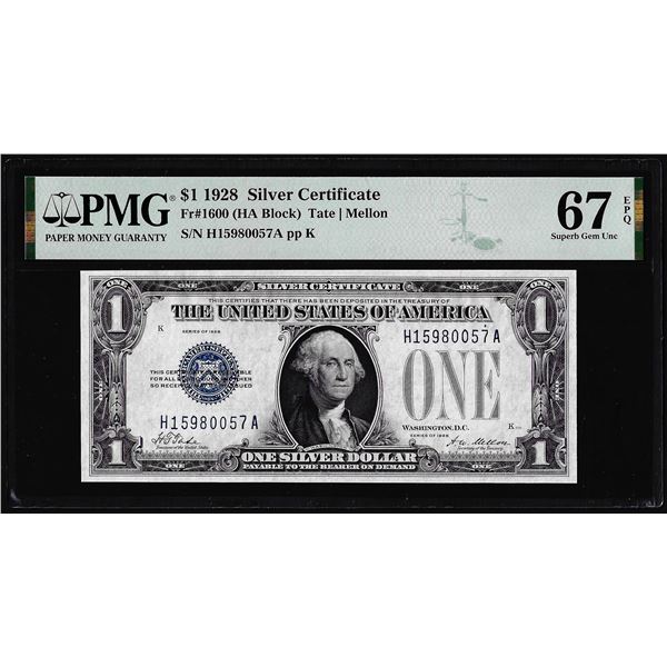 1928 $1 Funnyback Silver Certificate Note Fr.1600 PMG Superb Gem Uncirculated 67EPQ