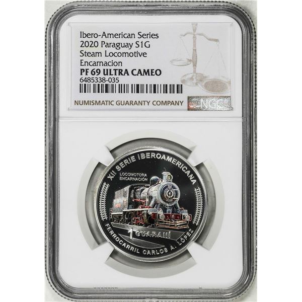 2020 Paraguay 1 Guarani Steam Locomotive Trains Silver Coin NGC PF69 Ultra Cameo