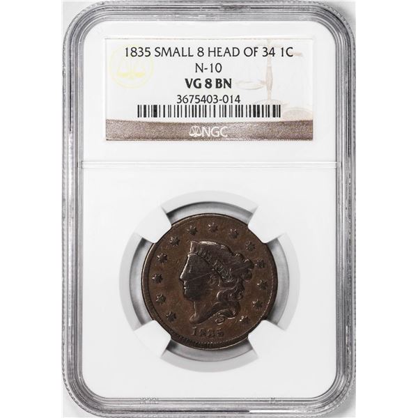 1835 Small 8 Head of 34 N-10 Coronet Head Large Cent Coin NGC VG8BN