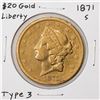Image 1 : 1871-S Type 3 $20 Liberty Head Double Eagle Gold Coin