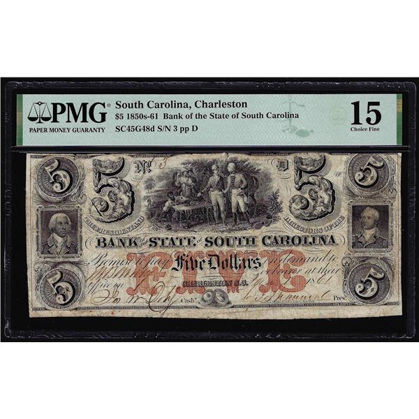1850s-61 $5 Bank of the State of South Carolina Obsolete Note PMG Choice Fine 15