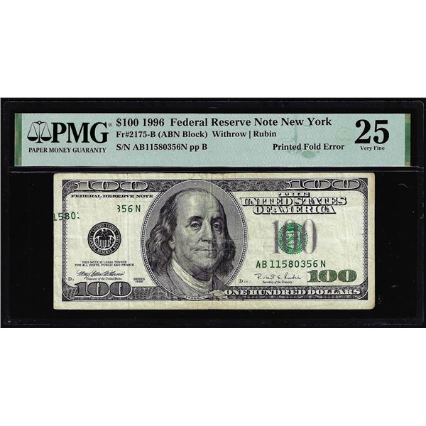 1996 $100 Federal Reserve Printed Fold Error Note New York Fr.2175-B PMG Very Fine 25