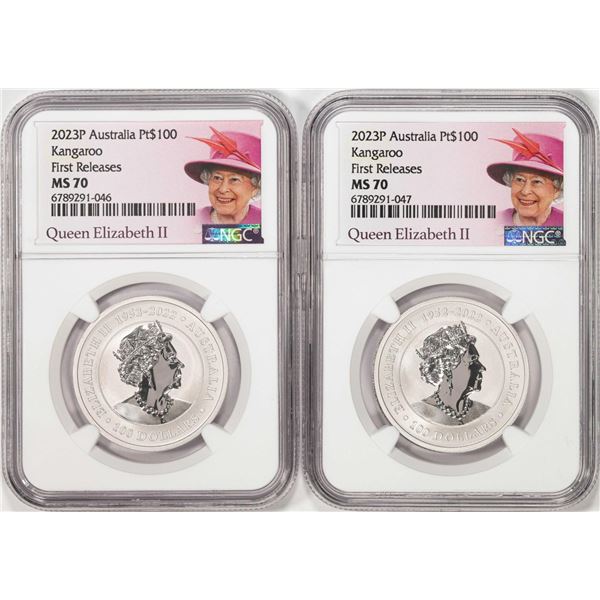 Lot of (2) 2023P Australia $100 Kangaroo 1oz Platinum Coins NGC MS70 First Releases