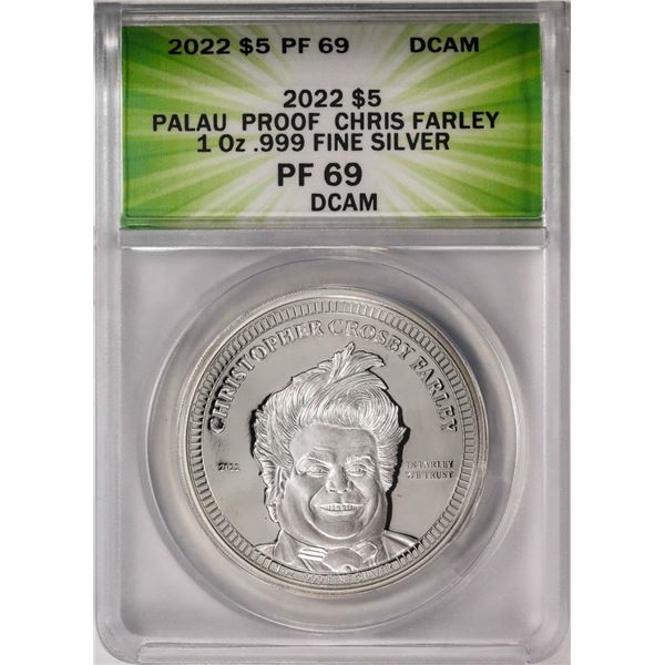 2022 $5 Palau Proof Chris Farley Silver Coin ANACS PF69DCAM