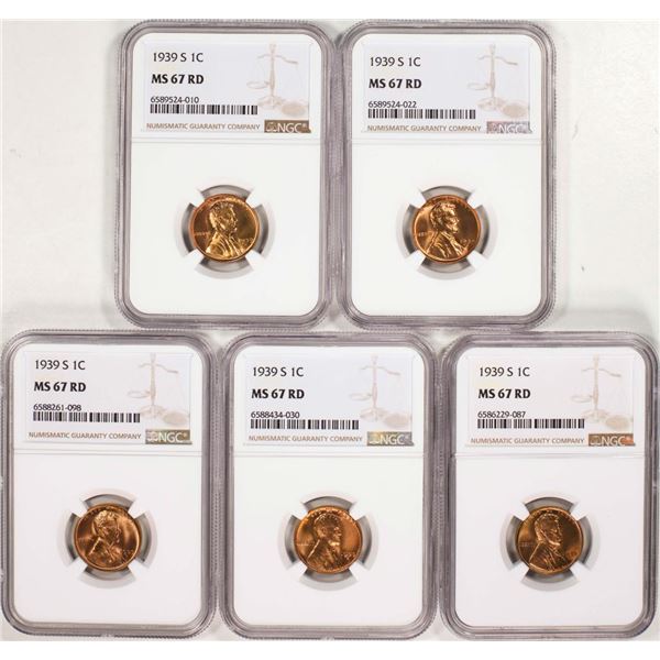 Lot of (5) 1939-S Lincoln Wheat Cent Coins NGC MS67RD