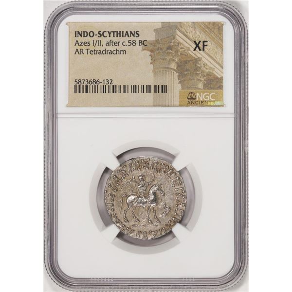 After c.58 BC Indo-Scythians Azes I/II AR Tetradrachm Ancient Coin NGC XF
