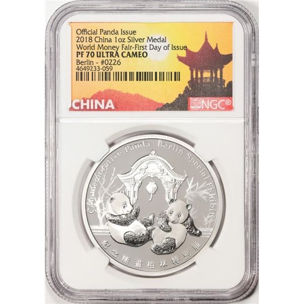 2018 China Proof Berlin World Money Fair Panda Silver Medal NGC PF70 Ultra Cameo FDOI