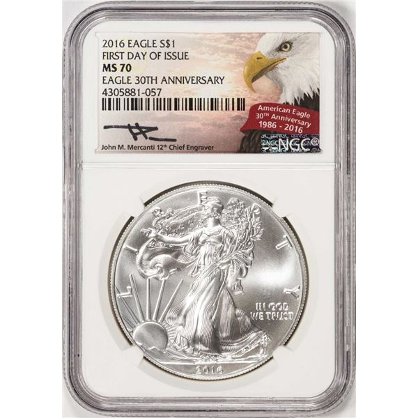 2016 $1 American Silver Eagle Coin NGC MS70 FDOI Mercanti Signature 30th Anniversary