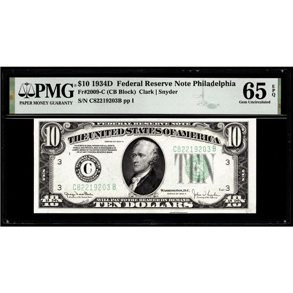 1934D $10 Federal Reserve Note Philadelphia Fr.2009-C PMG Gem Uncirculated 65EPQ