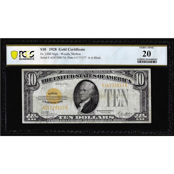 1928 $10 Gold Certificate Note Fr.2400 PCGS Very Fine 20